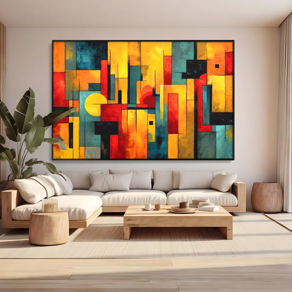 Tablou canvas cu pictura abstracta cu forme geometrice urbane, in rama de aluminiu negru, pe perete intr-un living